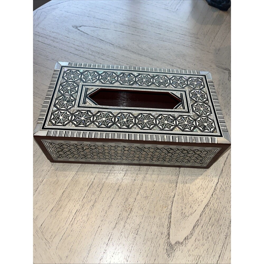 Tissue Box Wood inlaid w/Mother of Pearl Marquetry Inlay Black White Egypt
